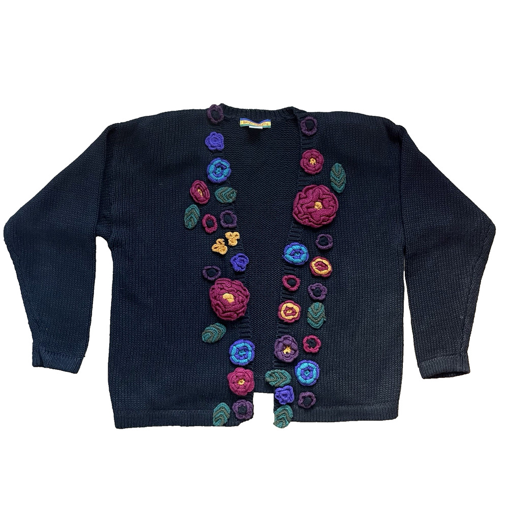Vintage Black Cardigan Sweater Women’s M 3D Floral Embroidery Boho Art to Wear‎